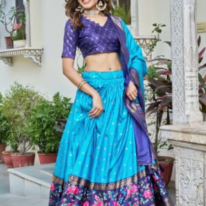 Sky Blue Tussar Silk Lehenga Choli with Dark Blue Blouse | Minakari & Foil Print | Wedding & Festive Wear