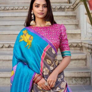 Sky Blue Tussar Silk Lehenga Choli with Baby Pink Blouse | Kalamkari & Foil Work | Wedding & Festive Wear