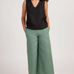 Women's Cotton Solid V Neck Sleeveless 2 Piece Outfit Loose Tank Top and Wide Leg Palazzo Pants Sets cord set ( Black Pista Green )