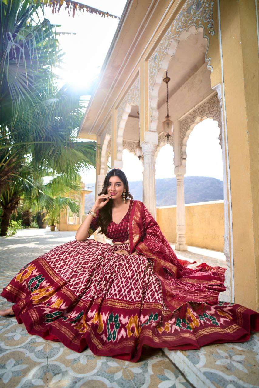 Full Maroon Tussar Silk Lehenga Choli with White Blouse | Patola Print & Foil Work | Wedding & Festive Wear - Image 5