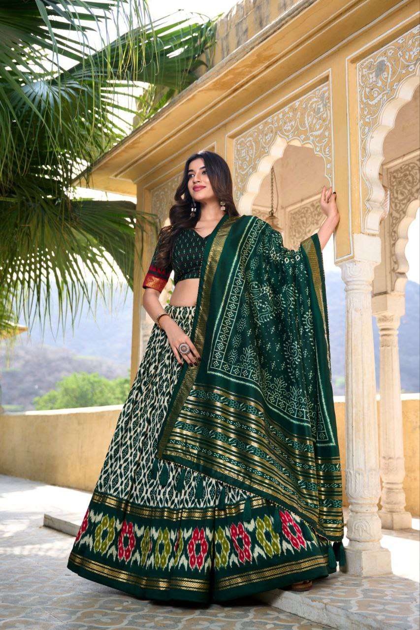 White Tussar Silk Lehenga Choli with Bottle Green Blouse | Patola Print & Foil Work | Wedding & Festive Wear - Image 3