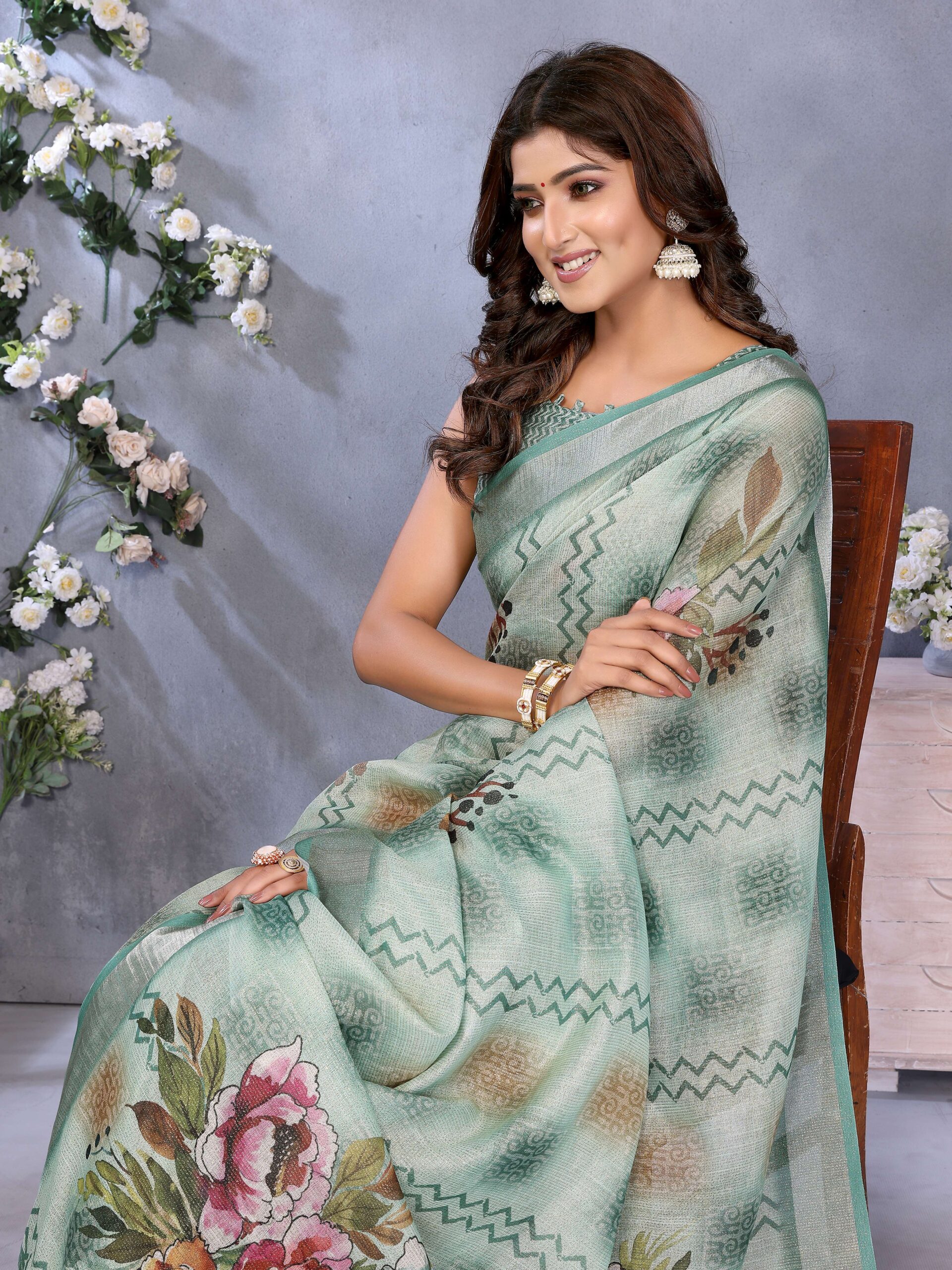 Mint Green Floral Printed Saree - Image 3
