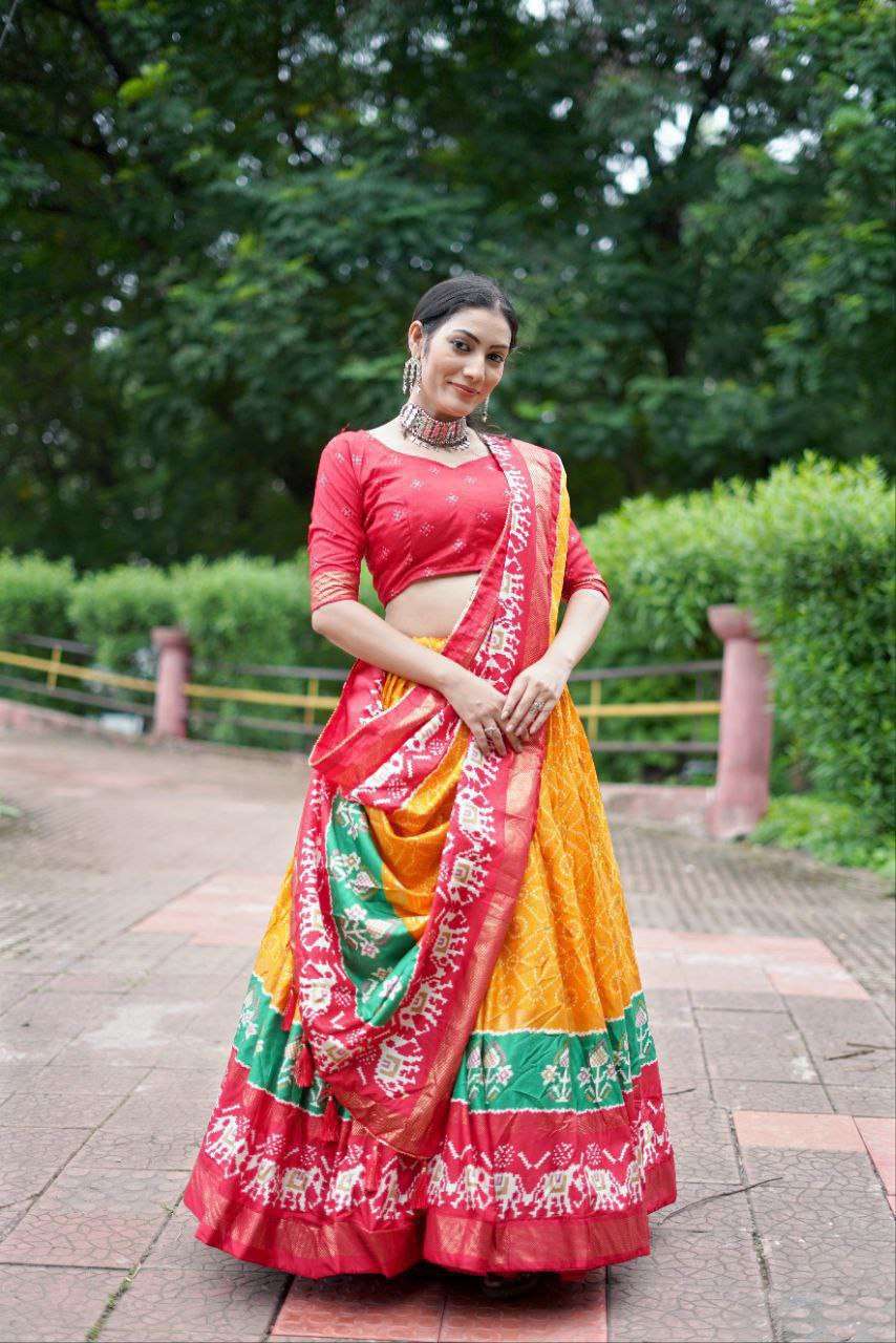 Yellow Dola Silk Lehenga Choli with Vibrant Red Blouse | Bandhej & Ajarakh Print | Wedding & Festive Wear - Image 2