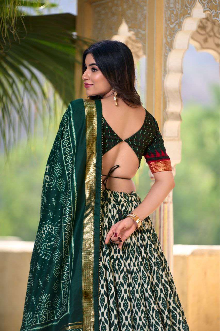 White Tussar Silk Lehenga Choli with Bottle Green Blouse | Patola Print & Foil Work | Wedding & Festive Wear - Image 5