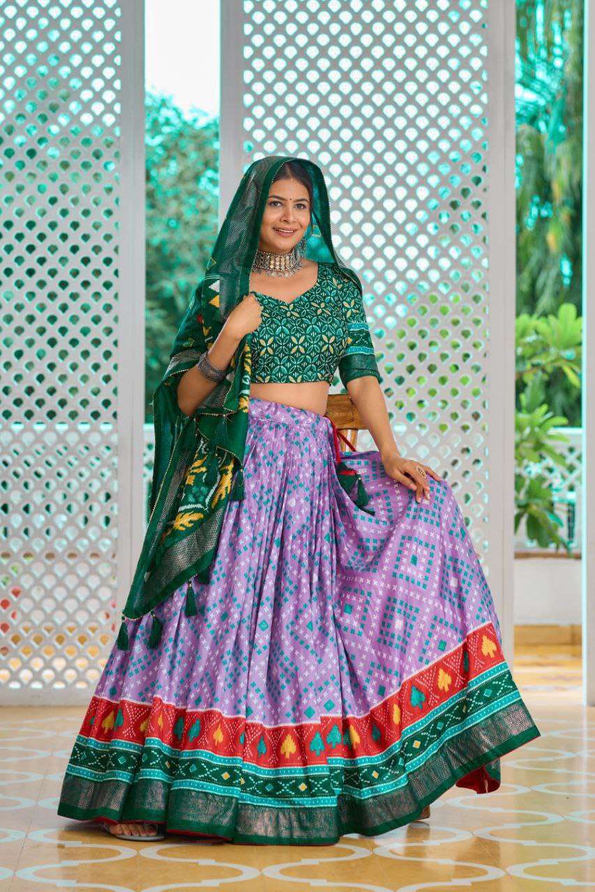 Light Baby Pink Tussar Silk Lehenga Choli with Green Blouse | Minakari & Foil Print | Wedding & Festive Wear - Image 2