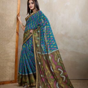Teal Blue & Olive Green Ikat Printed Chanderi Saree ? Festive & Cultural Elegance