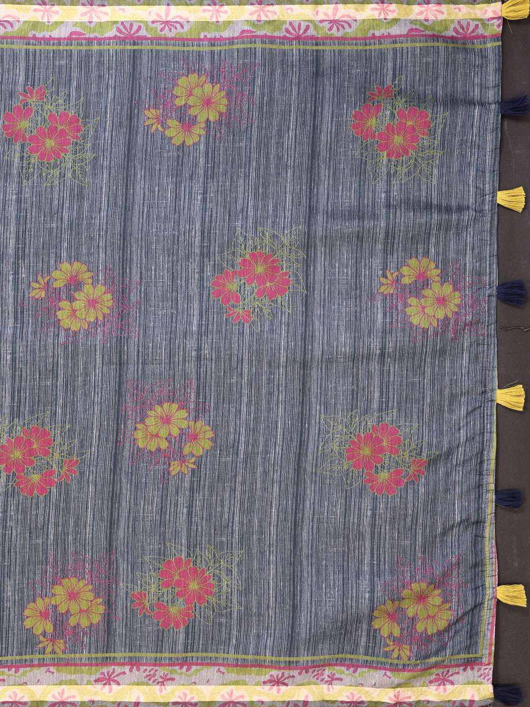 Grey Floral Printed Chanderi Saree with Contrast Border ? Elegant Festive & Traditional Wear - Image 6