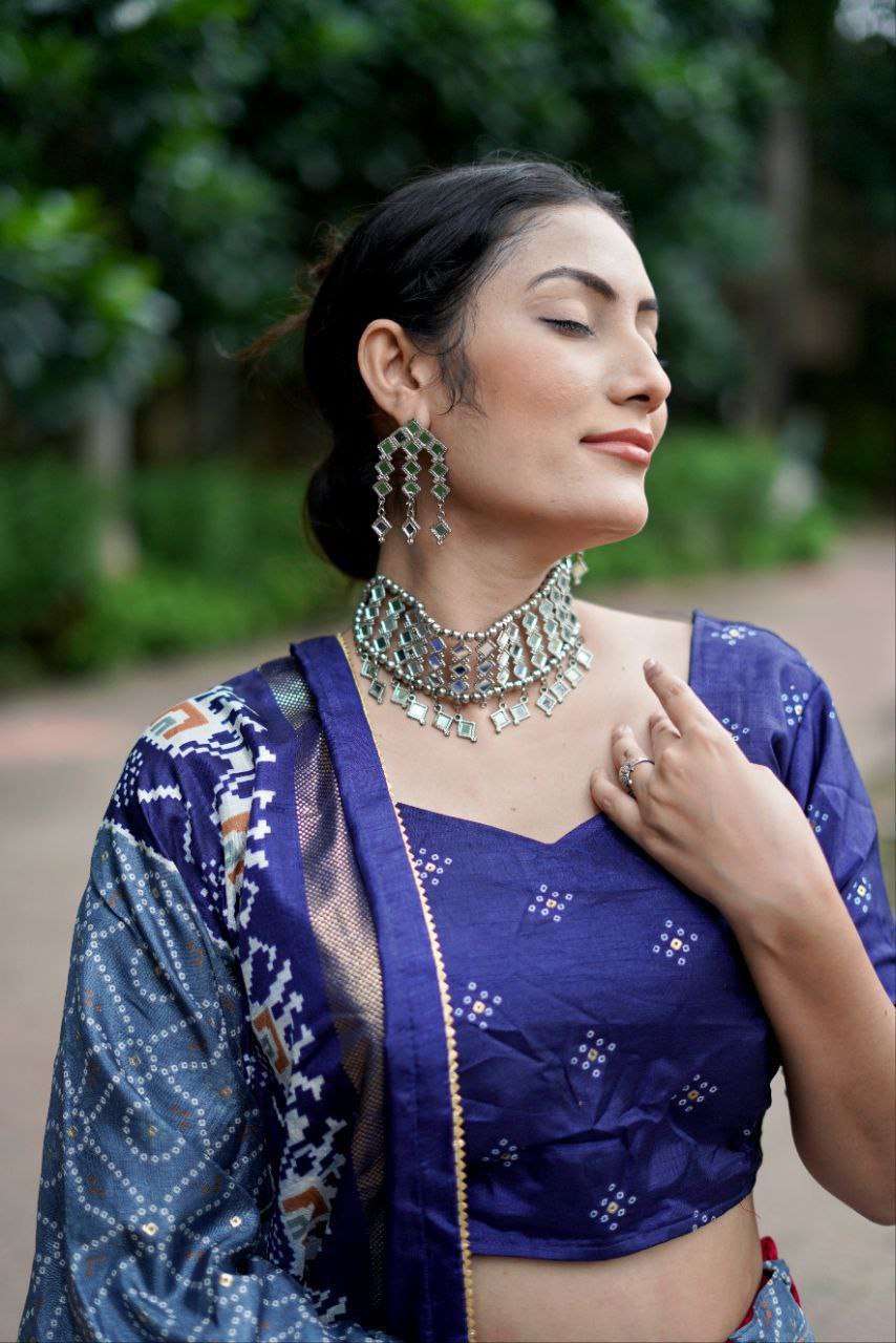 Blue Dola Silk Lehenga Choli with Light Blue Blouse | Bandhej & Ajarakh Print | Wedding & Festive Wear - Image 3