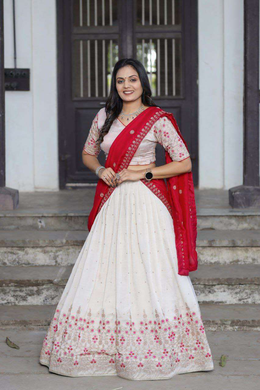 White Vichitra Silk Lehenga Choli with Red Blouse | Sequins & Thread Embroidery | Bridesmaid & Wedding Wear - Image 8