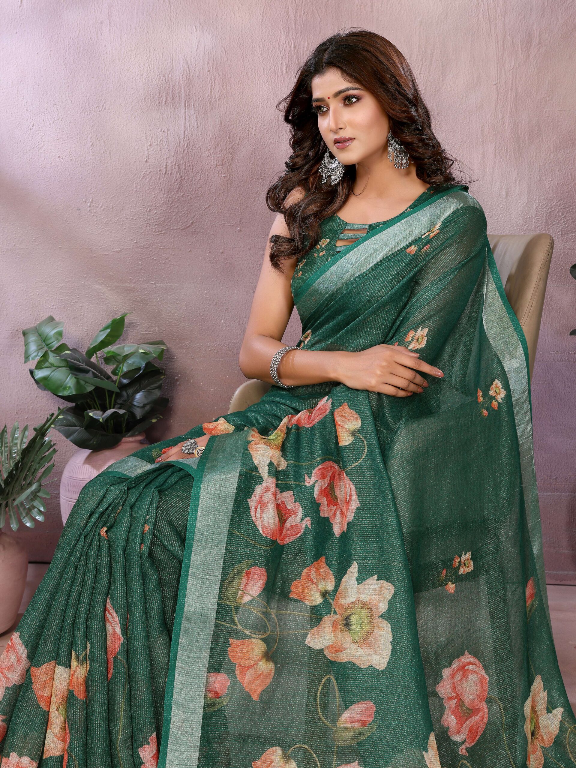 Green Floral Linen Shimmer Saree with Peach & Cream Prints ? Elegant Festive Wear - Image 3