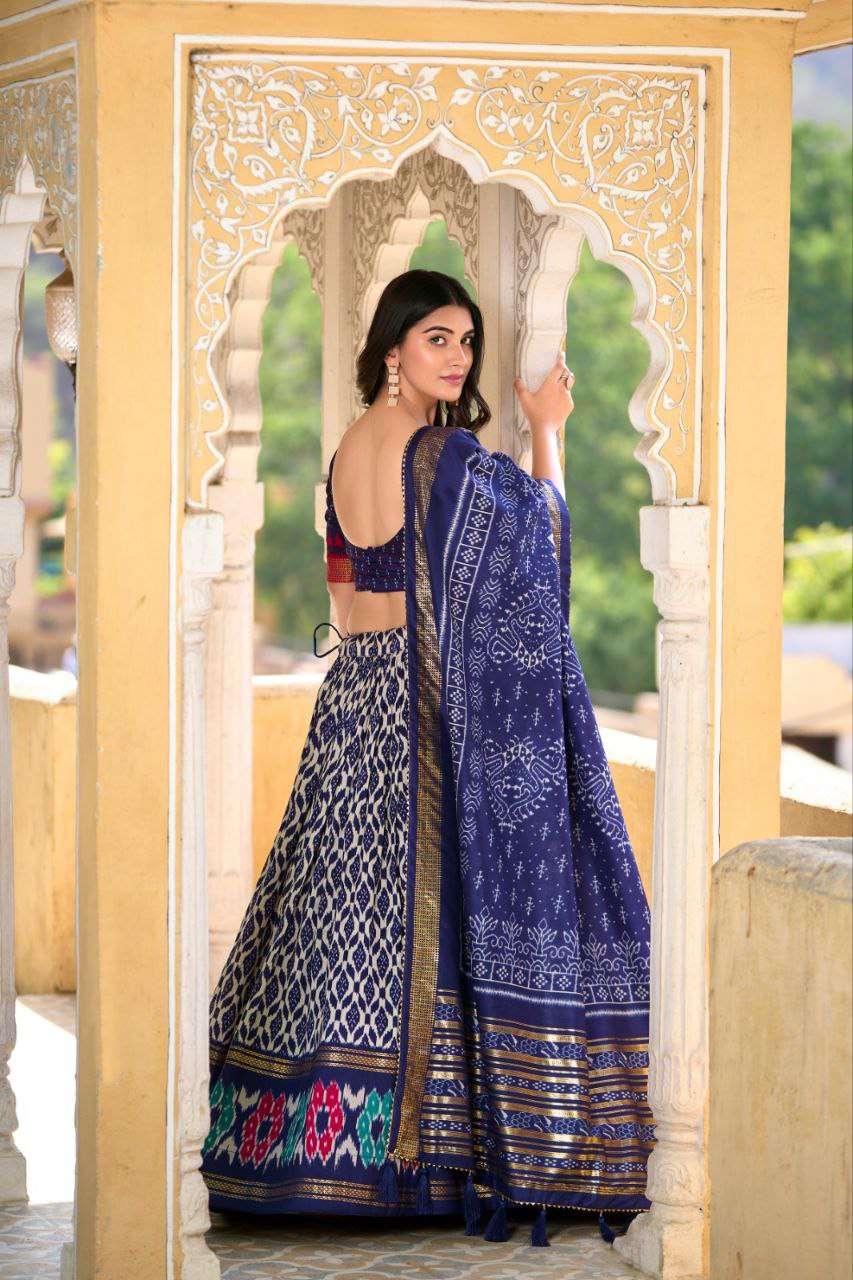 Full Royal Blue Tussar Silk Lehenga Choli with Matching Royal Blue Blouse | Patola Print & Foil Work | Wedding & Festive Wear - Image 2