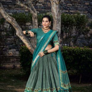 Sea Green Tussar Silk Lehenga Choli with Sea Green Blouse | Floral & Foil Print | Wedding & Festive Wear