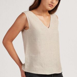 Women's Cotton Solid V Neck Sleeveless 2 Piece Outfit Loose Tank Top and Wide Leg Palazzo Pants Sets cord set ( Beige )