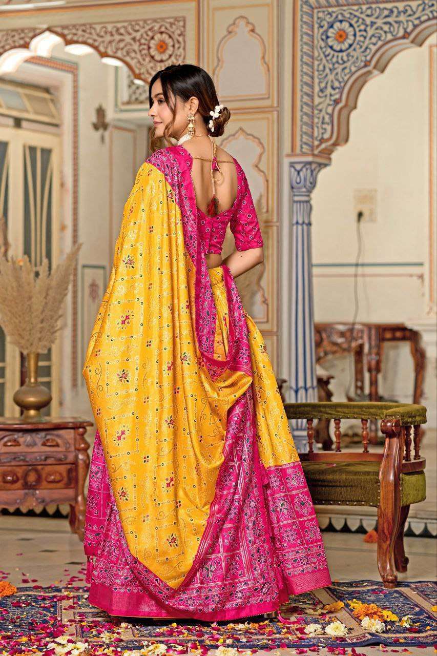 Yellow Dola Silk Lehenga Choli with Pink Blouse & Minakari Foil Print | Haldi & Wedding Wear - Image 3