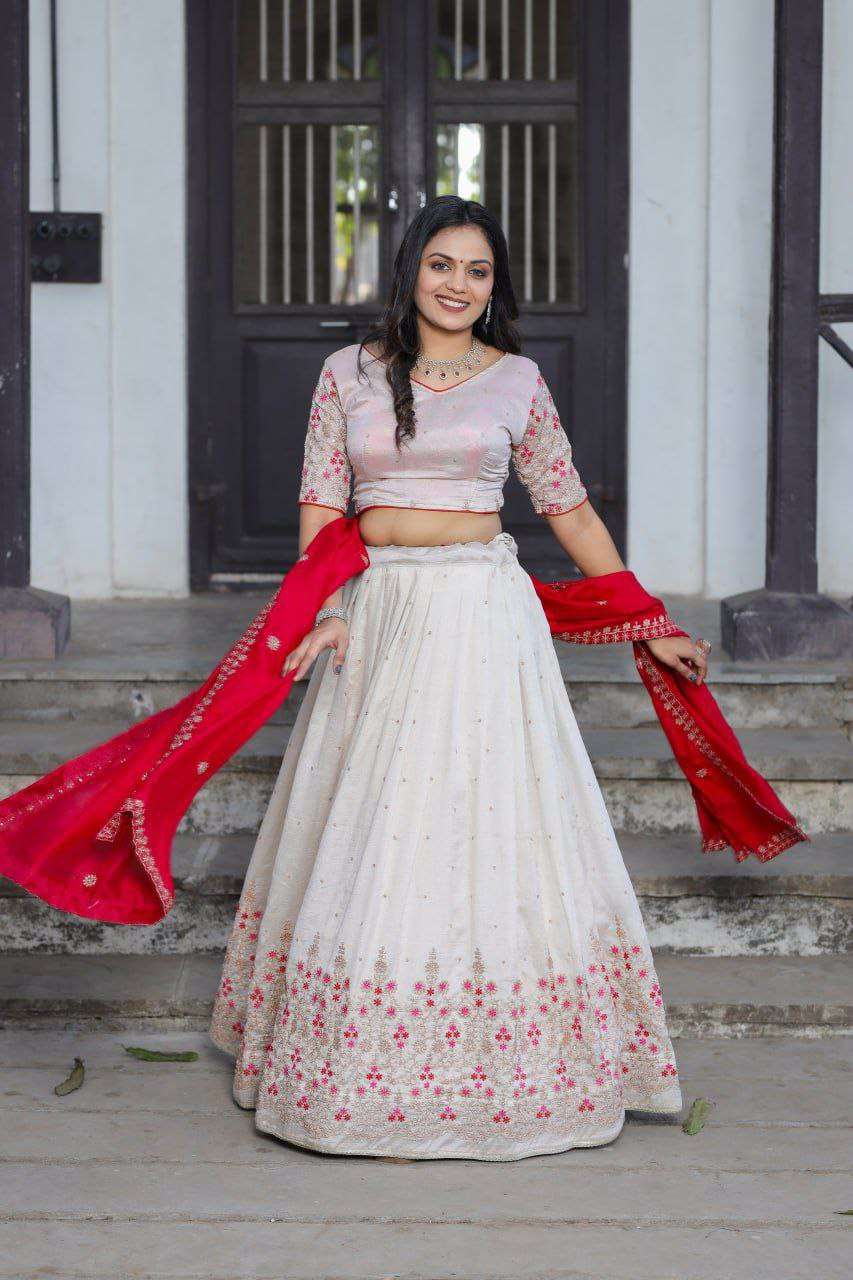 White Vichitra Silk Lehenga Choli with Red Blouse | Sequins & Thread Embroidery | Bridesmaid & Wedding Wear - Image 5