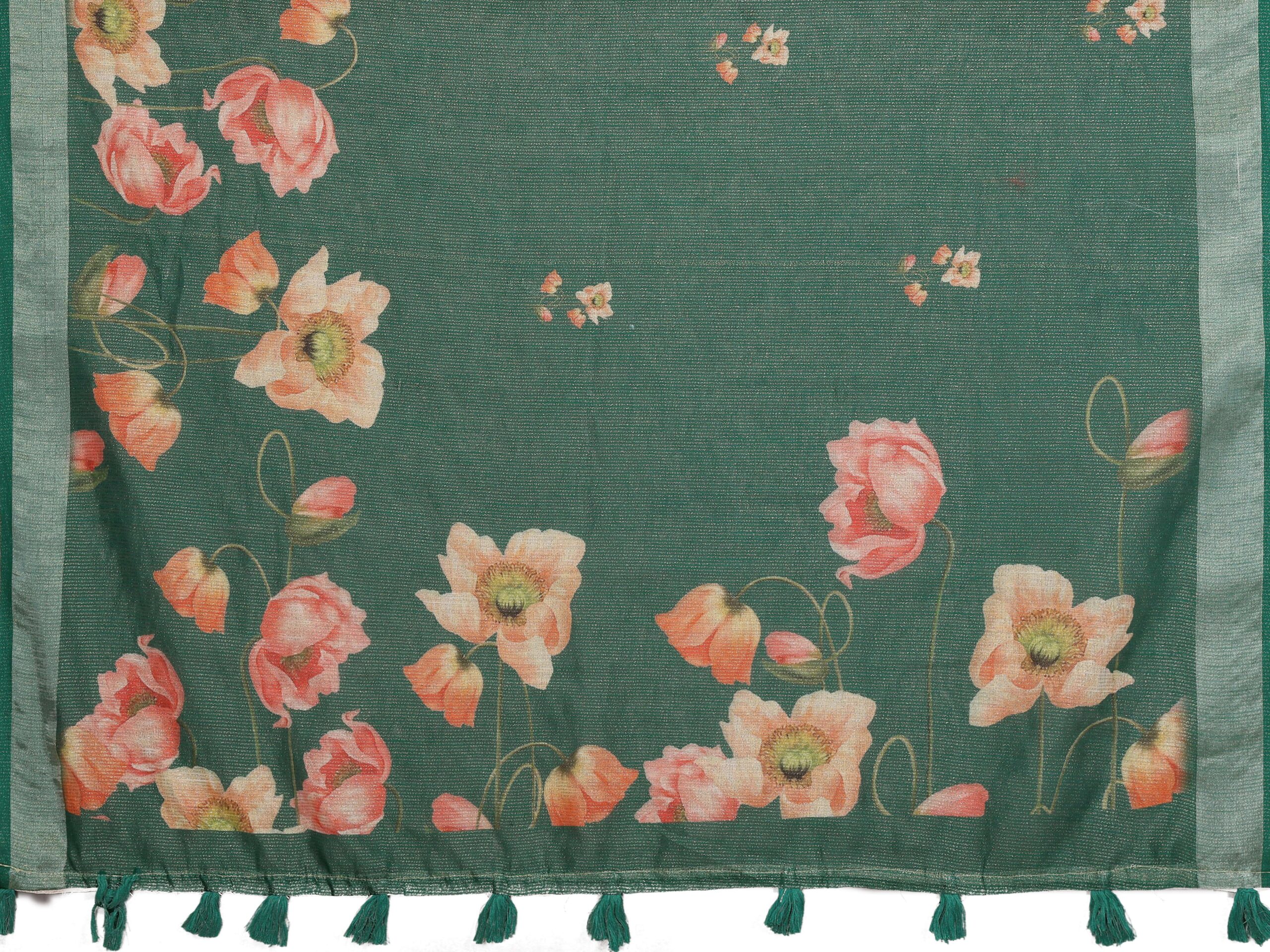 Green Floral Linen Shimmer Saree with Peach & Cream Prints ? Elegant Festive Wear - Image 6