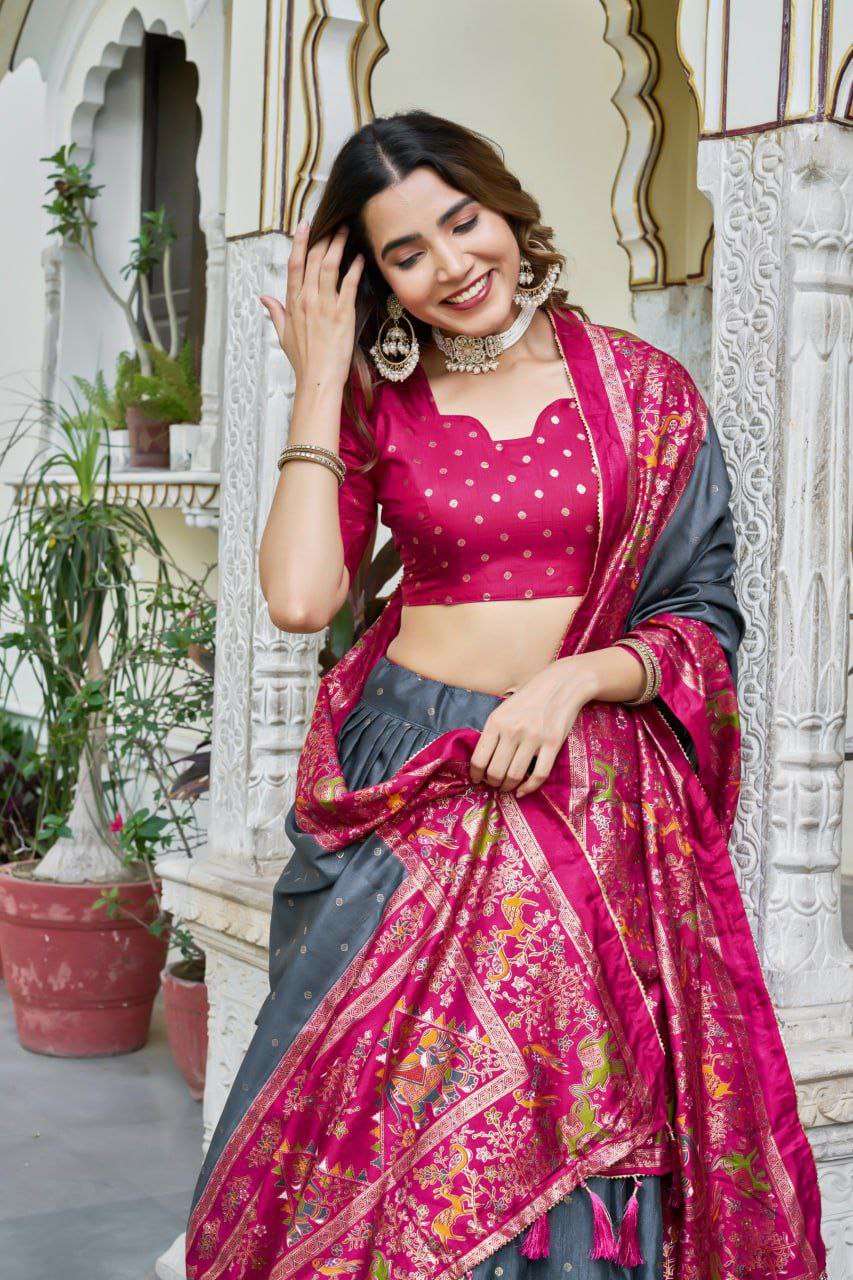 Bottle Green Dola Silk Lehenga Choli with Maroon Blouse | Bandhej & Ajarakh Print | Wedding & Festive Wear