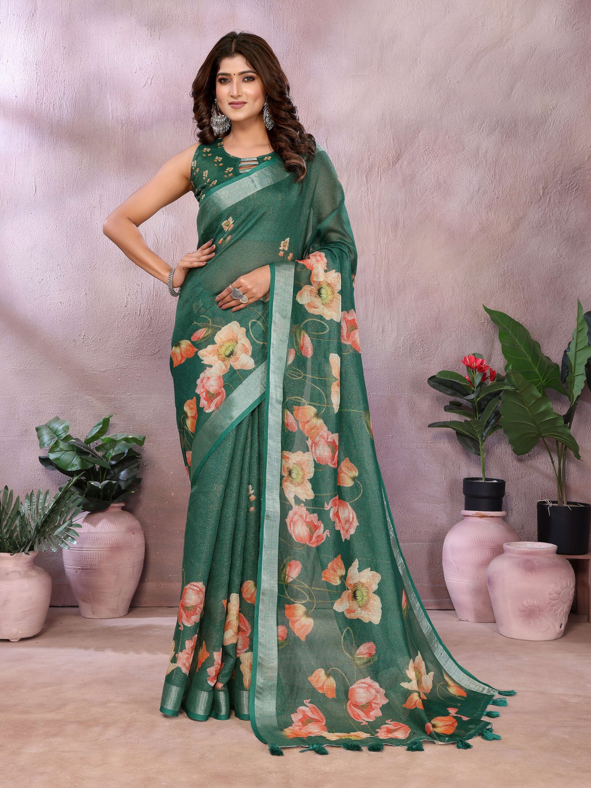 Green Floral Linen Shimmer Saree with Peach & Cream Prints ? Elegant Festive Wear - Image 4