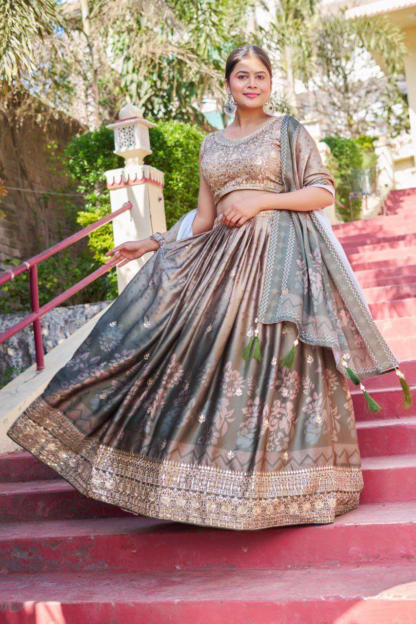 Greyish Maslin Sarting Lehenga Choli with Golden Blouse | Digital Print & Embroidery Work | Wedding & Festive Wear
