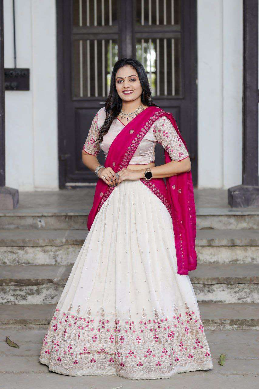 White Vichitra Silk Lehenga Choli with Red Blouse | Sequins & Thread Embroidery | Bridesmaid & Wedding Wear - Image 4