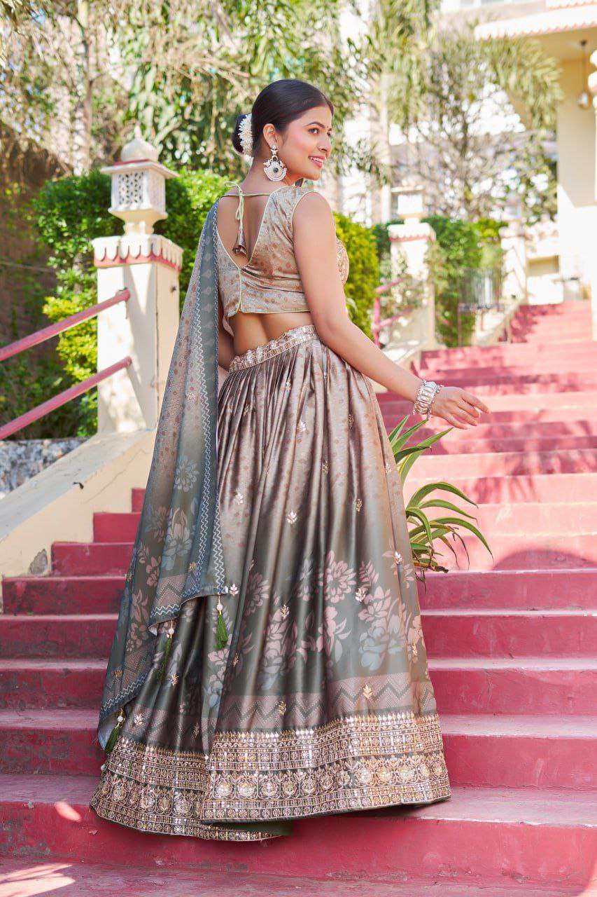 Greyish Maslin Sarting Lehenga Choli with Golden Blouse | Digital Print & Embroidery Work | Wedding & Festive Wear - Image 5