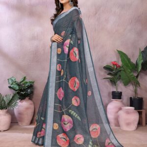 Grey Floral Linen Shimmer Saree with Pink & Peach Prints ? Elegant Festive Wear