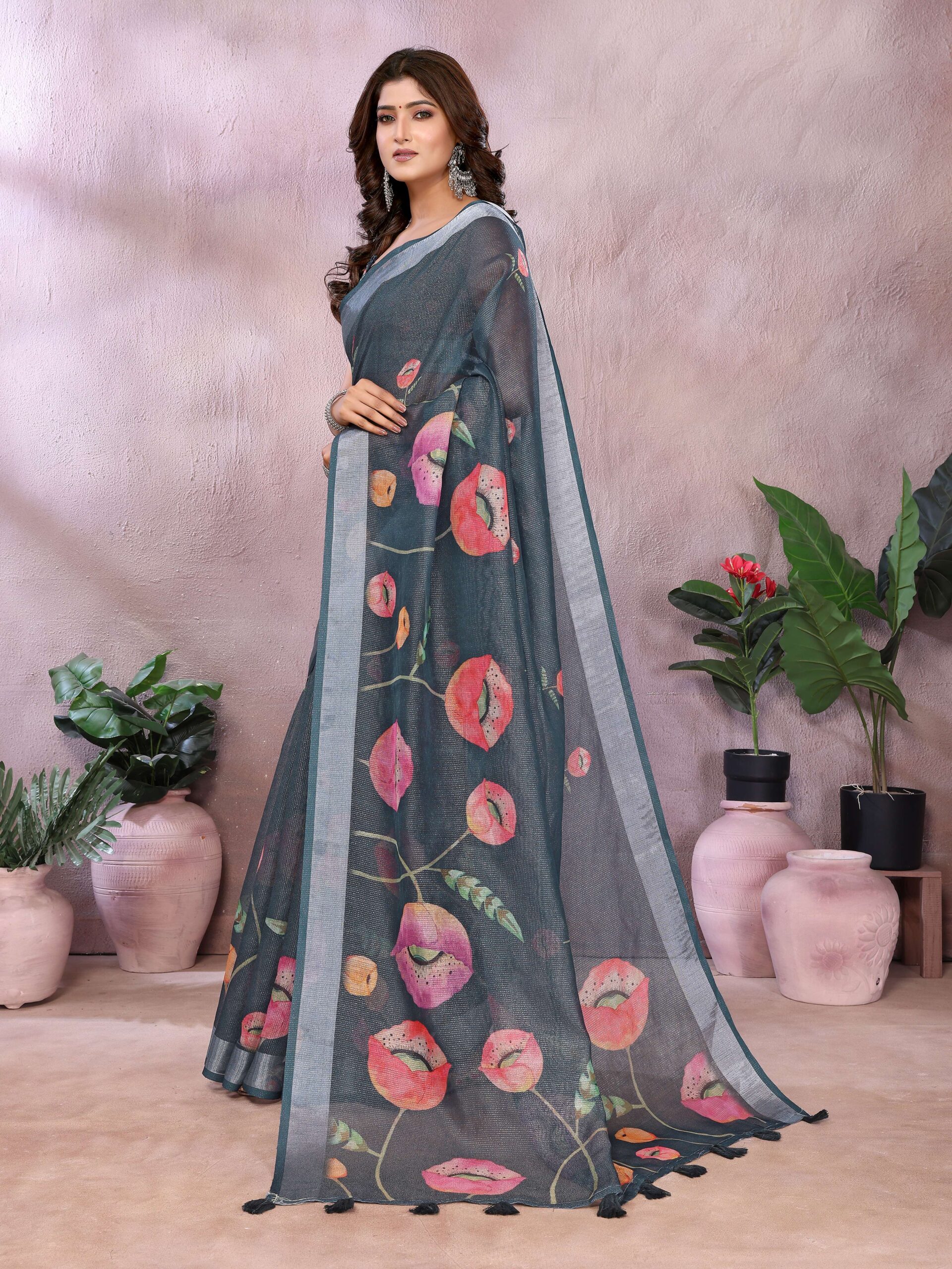 Grey Floral Linen Shimmer Saree with Pink & Peach Prints ? Elegant Festive Wear
