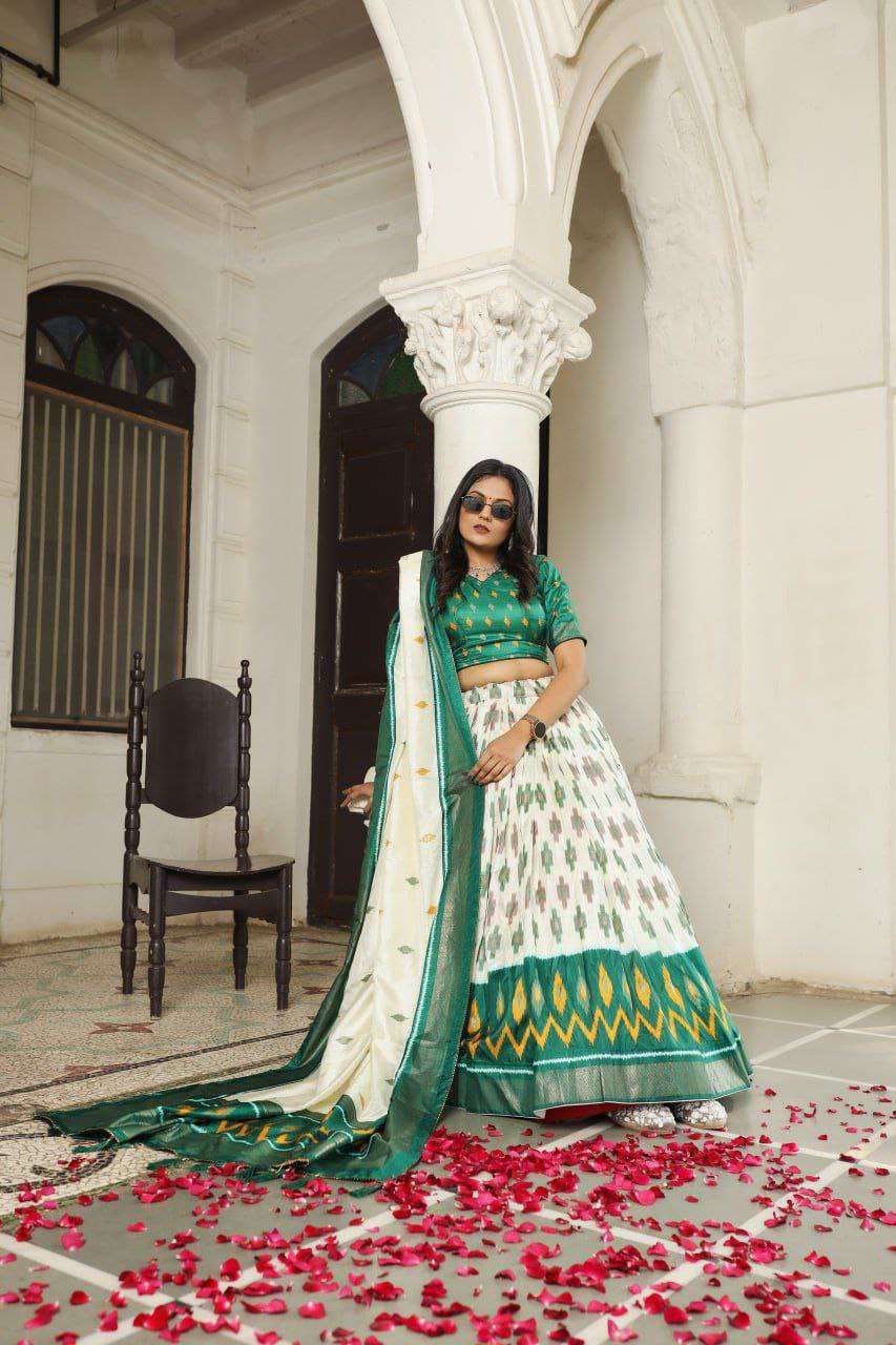 White Dola Silk Lehenga Choli with Bottle Green Blouse | Patola Print & Foil Work | Wedding & Festive Wear - Image 4