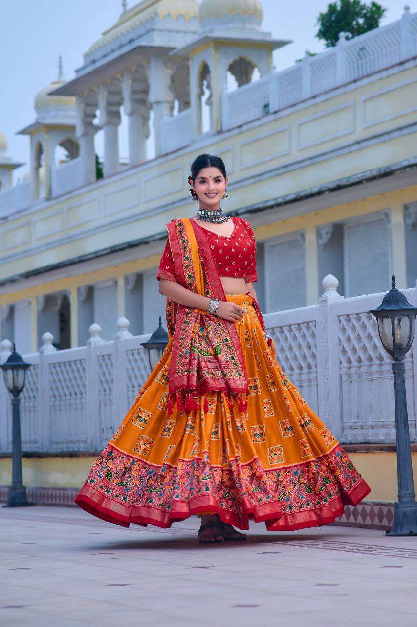 Orange Tussar Silk Lehenga Choli with Red Blouse | Bandhani Peacock & Foil Print | Wedding & Festive Wear - Image 3
