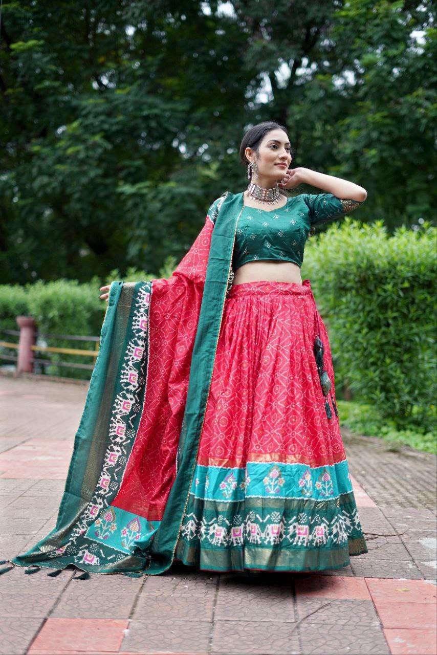 Green Dola Silk Lehenga Choli with Red Blouse | Bandhej & Ajarakh Print | Wedding & Festive Wear - Image 2