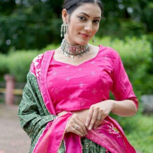 Bottle Green Dola Silk Lehenga Choli with Pink Blouse | Bandhej & Ajarakh Print | Wedding & Festive Wear