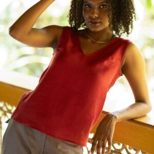 Women's Cotton Solid V Neck Sleeveless 2 Piece Outfit Loose Tank Top and Wide Leg Palazzo Pants Sets cord set ( Maroon Brown )