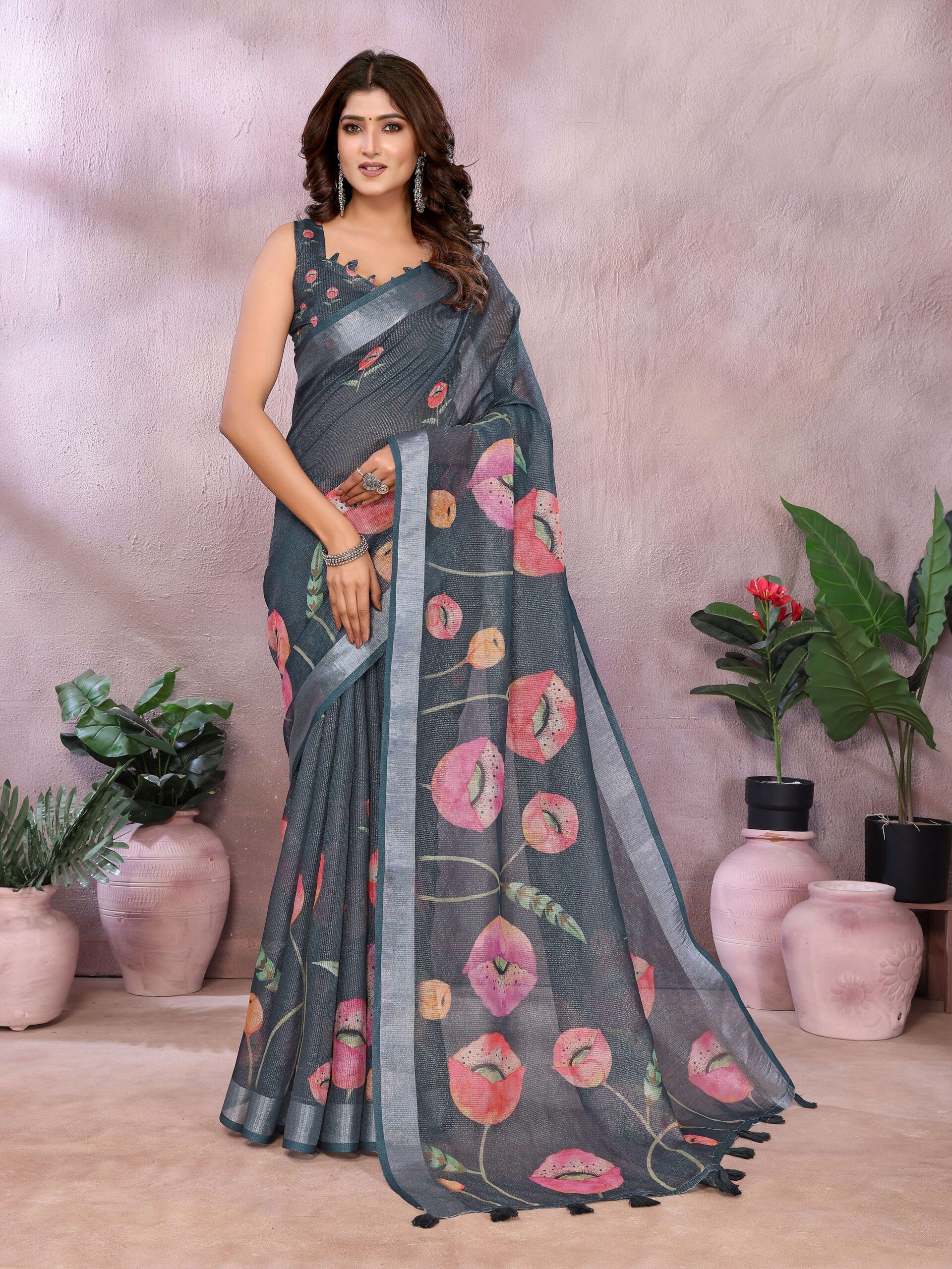 Grey Floral Linen Shimmer Saree with Pink & Peach Prints ? Elegant Festive Wear - Image 3