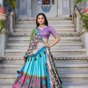 Sky Blue Tussar Silk Lehenga Choli with Purple Blouse | Kalamkari & Foil Work | Wedding & Festive Wear