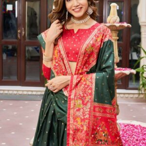 Dark Green Dola Silk Lehenga Choli with Red Blouse | Bandhej & Ajarakh Print | Wedding & Festive Wear