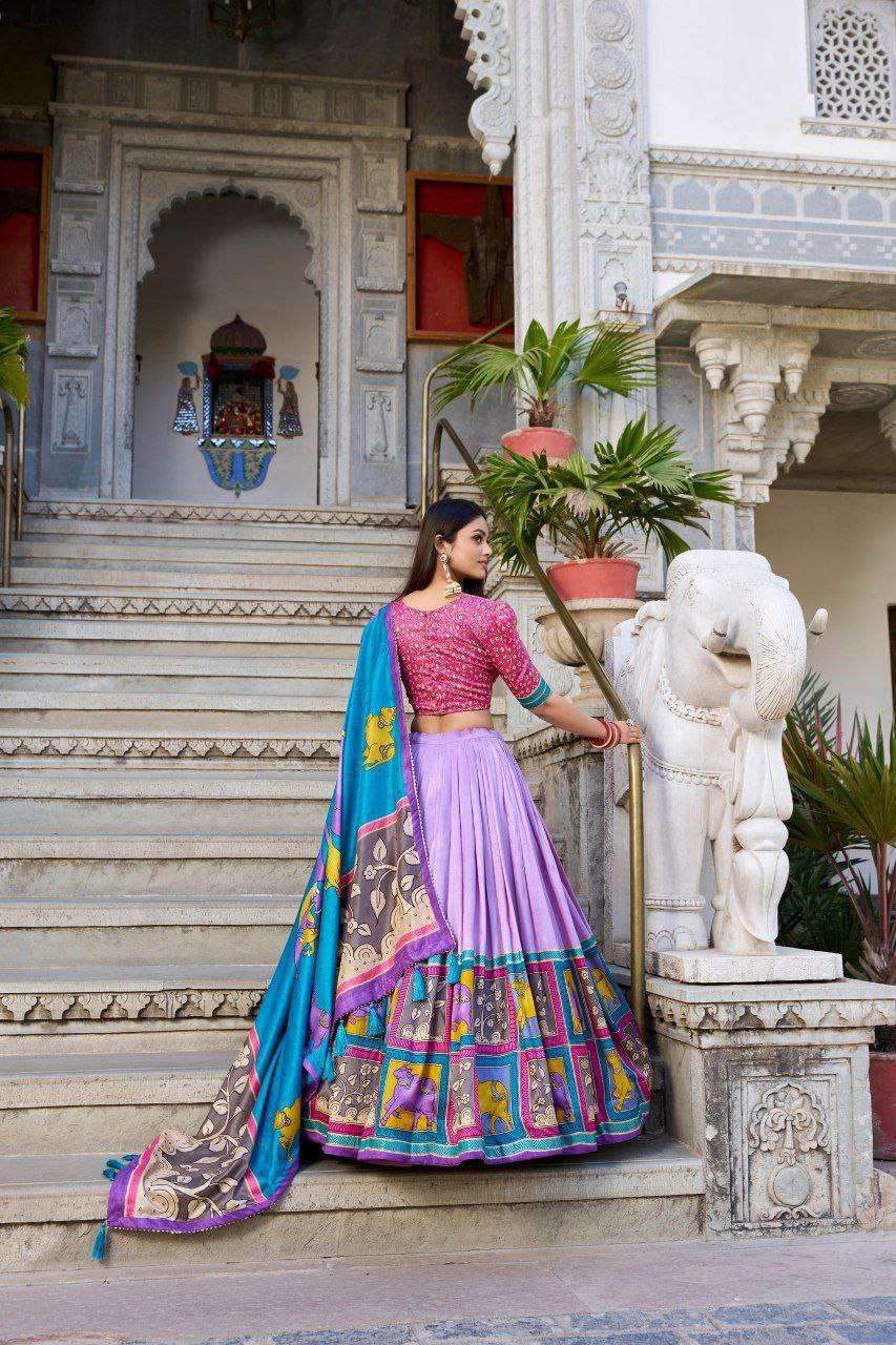 Sky Blue Tussar Silk Lehenga Choli with Baby Pink Blouse | Kalamkari & Foil Work | Wedding & Festive Wear - Image 2