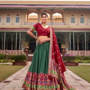 Dark Green Tussar Silk Lehenga Choli with Maroon Blouse | Patola Print & Foil Work | Wedding & Festive Wear