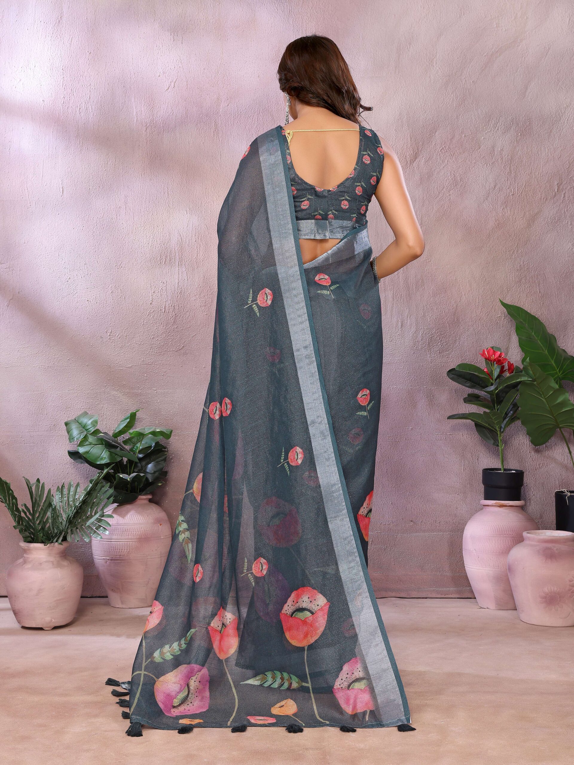 Grey Floral Linen Shimmer Saree with Pink & Peach Prints ? Elegant Festive Wear - Image 4
