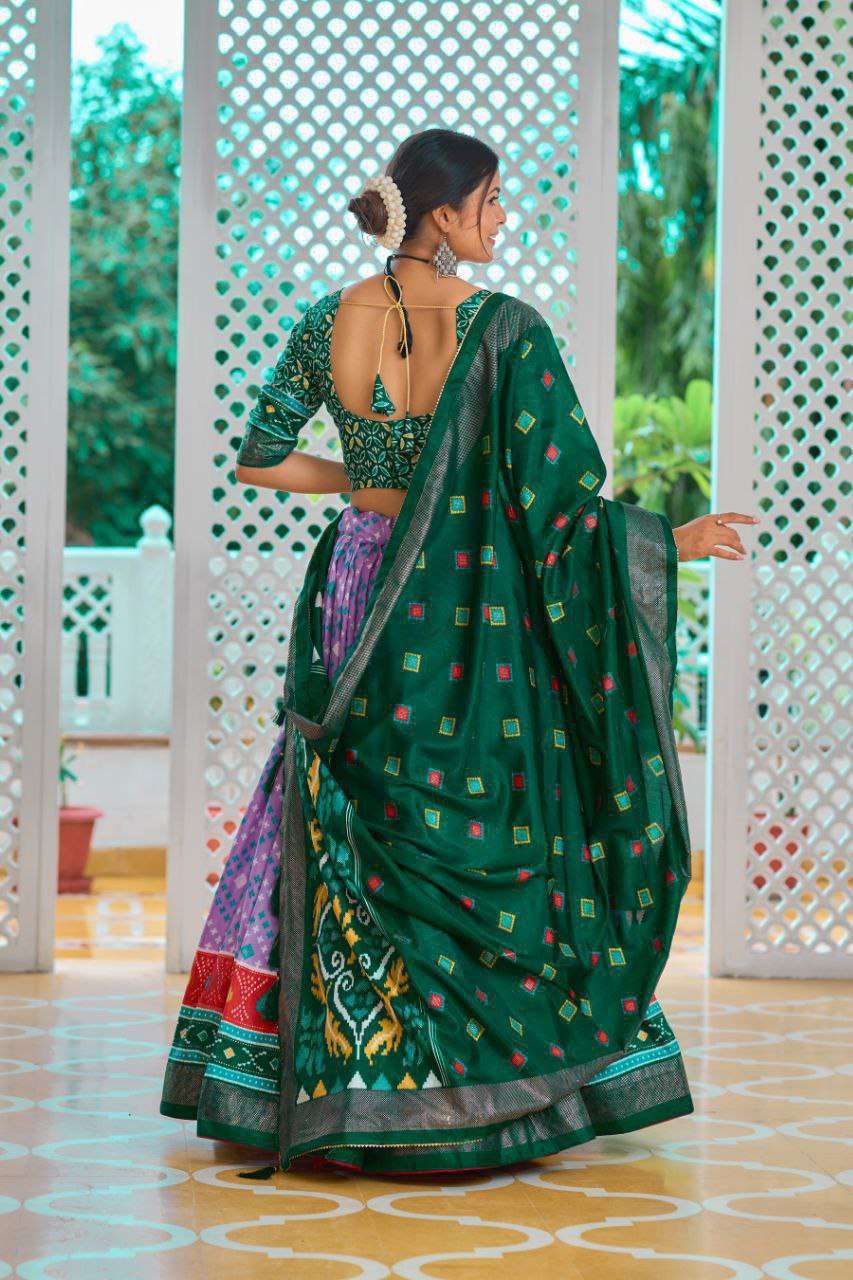 Light Baby Pink Tussar Silk Lehenga Choli with Green Blouse | Minakari & Foil Print | Wedding & Festive Wear - Image 4