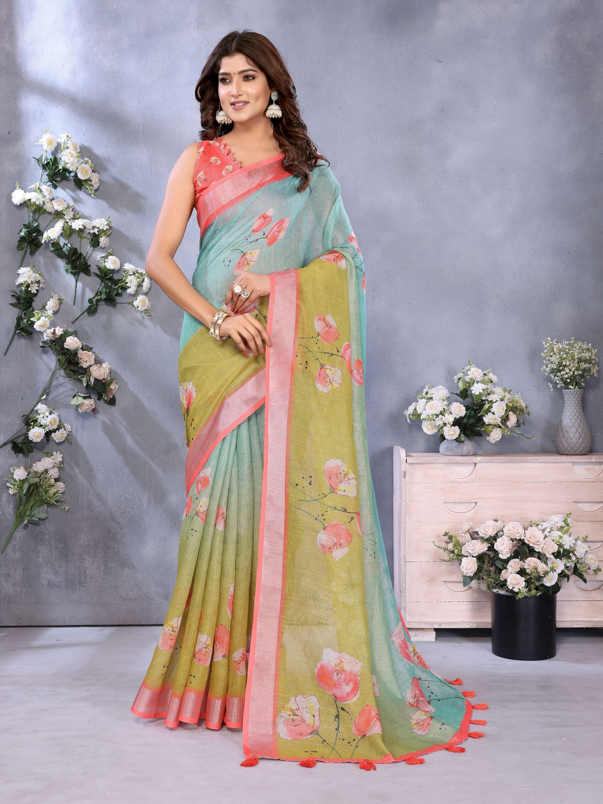 Green & Aqua Floral Print Linen Shimmer Saree - Image 4