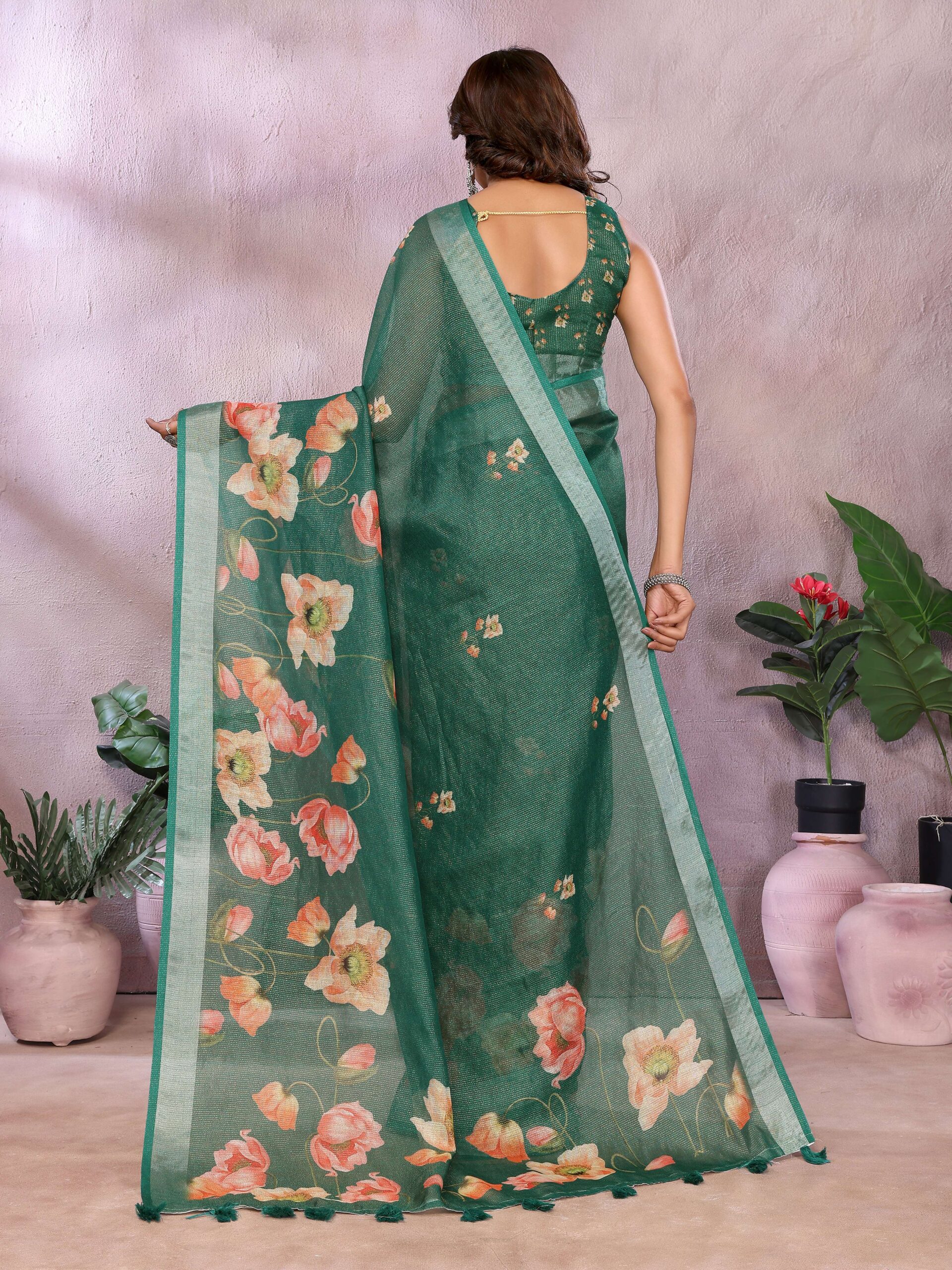 Green Floral Linen Shimmer Saree with Peach & Cream Prints ? Elegant Festive Wear - Image 5