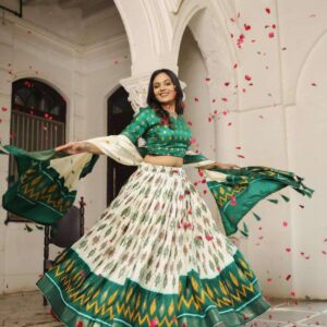 White Dola Silk Lehenga Choli with Bottle Green Blouse | Patola Print & Foil Work | Wedding & Festive Wear