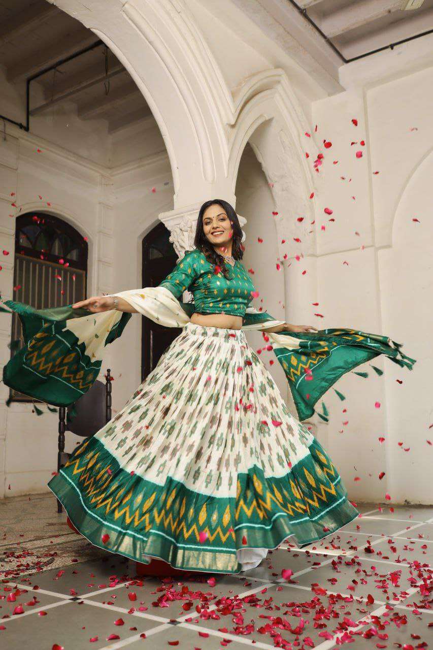 White Dola Silk Lehenga Choli with Bottle Green Blouse | Patola Print & Foil Work | Wedding & Festive Wear