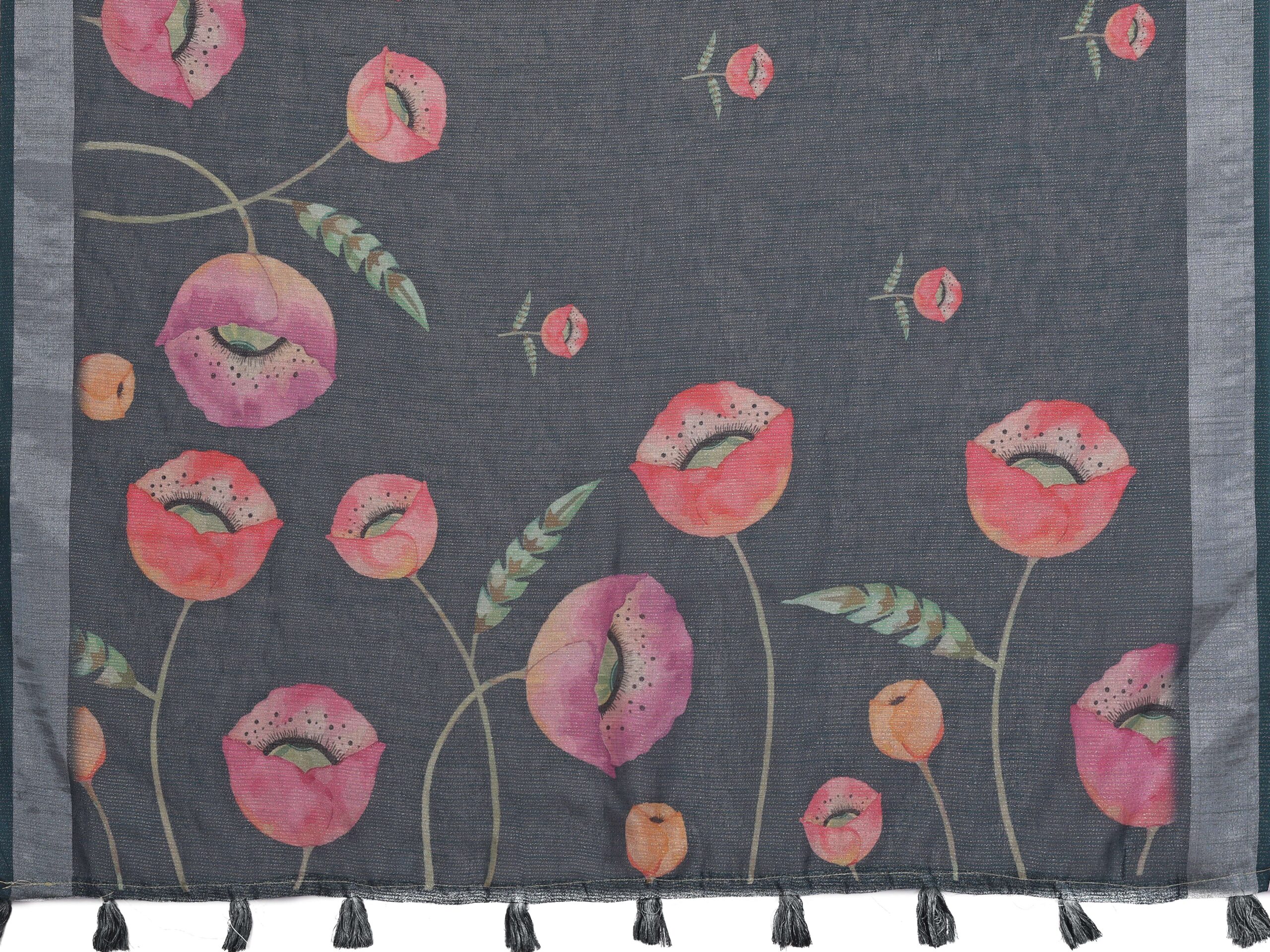 Grey Floral Linen Shimmer Saree with Pink & Peach Prints ? Elegant Festive Wear - Image 5