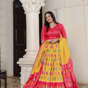 Yellow Dola Silk Lehenga Choli with Red Blouse | Patola Print & Foil Work | Wedding & Festive Wear
