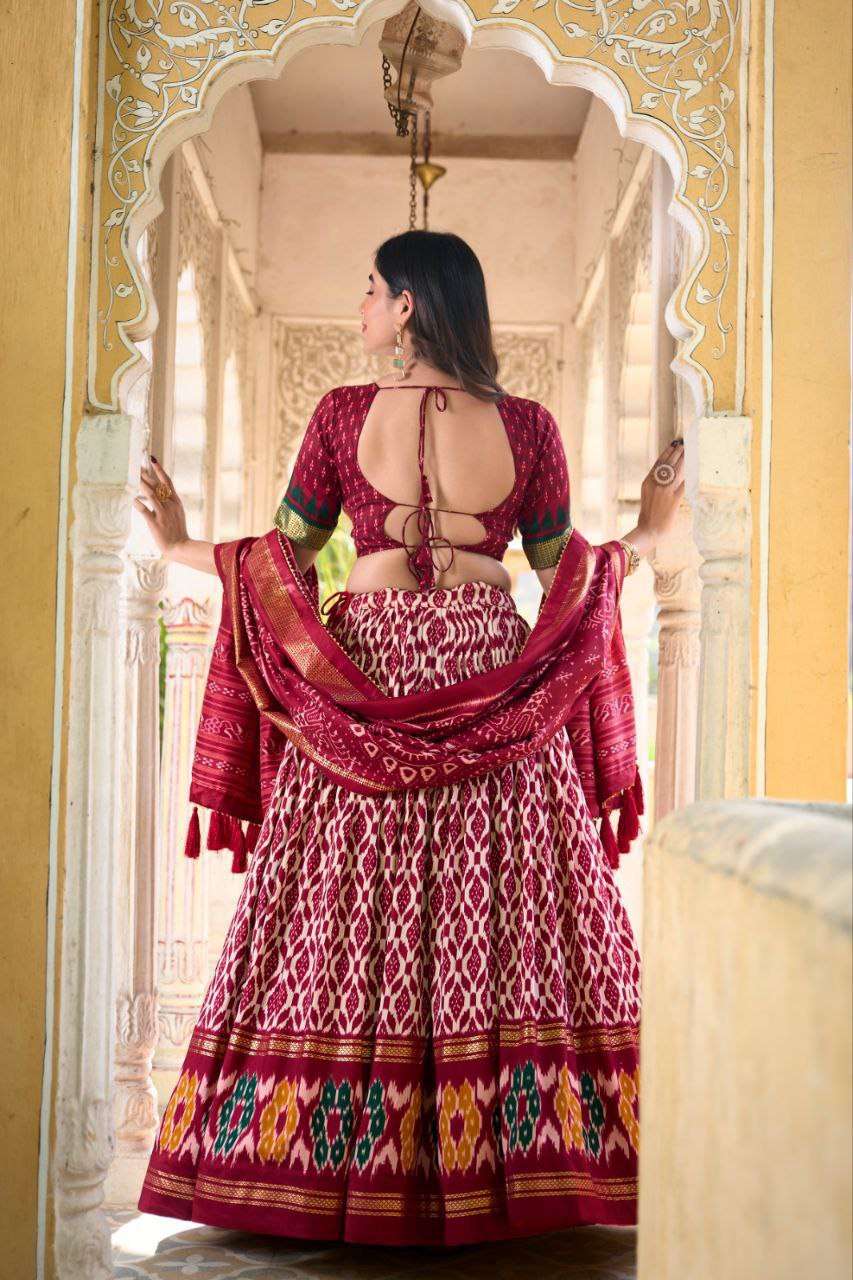 Full Maroon Tussar Silk Lehenga Choli with White Blouse | Patola Print & Foil Work | Wedding & Festive Wear - Image 2