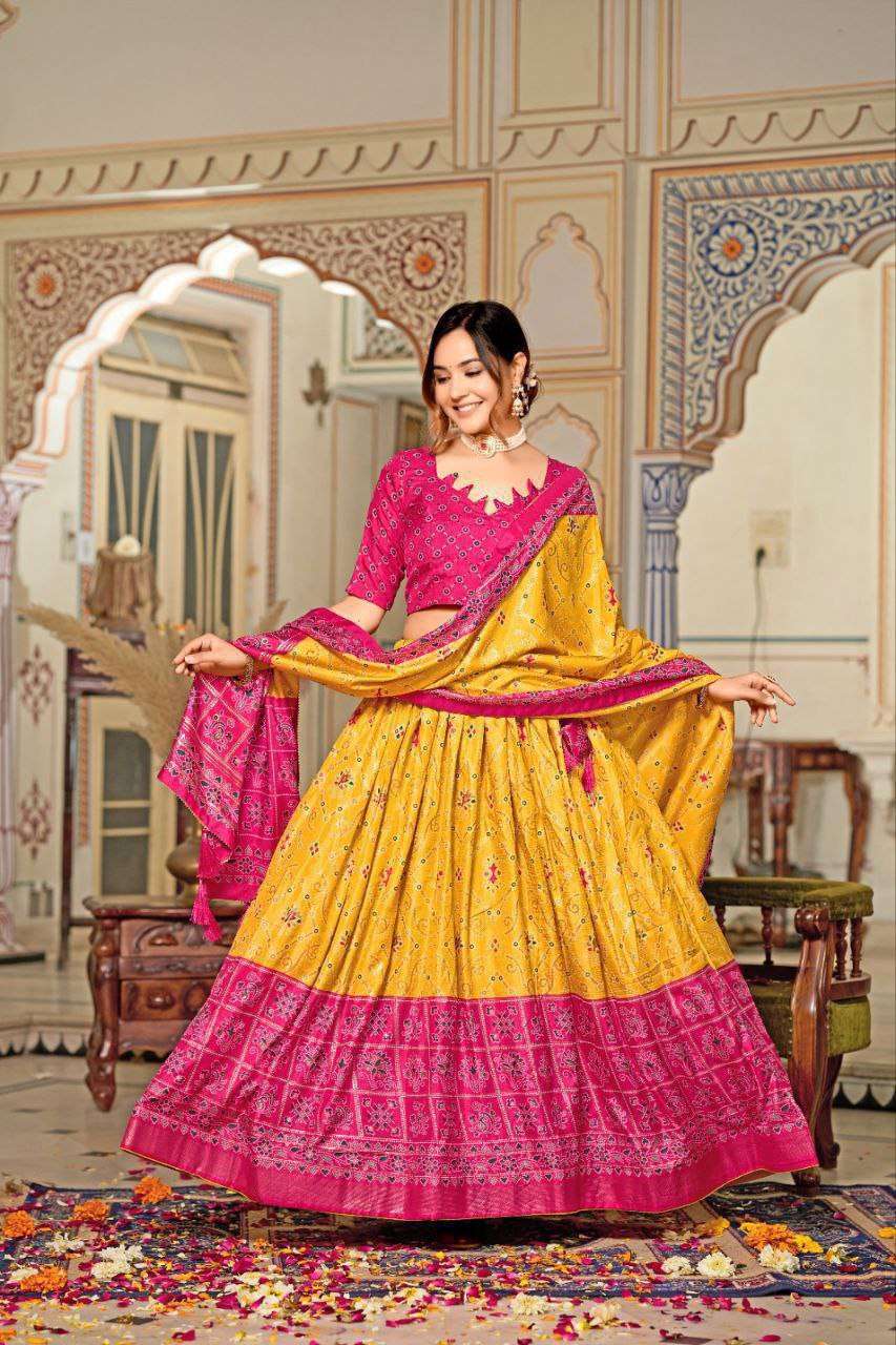 Yellow Dola Silk Lehenga Choli with Pink Blouse & Minakari Foil Print | Haldi & Wedding Wear - Image 2
