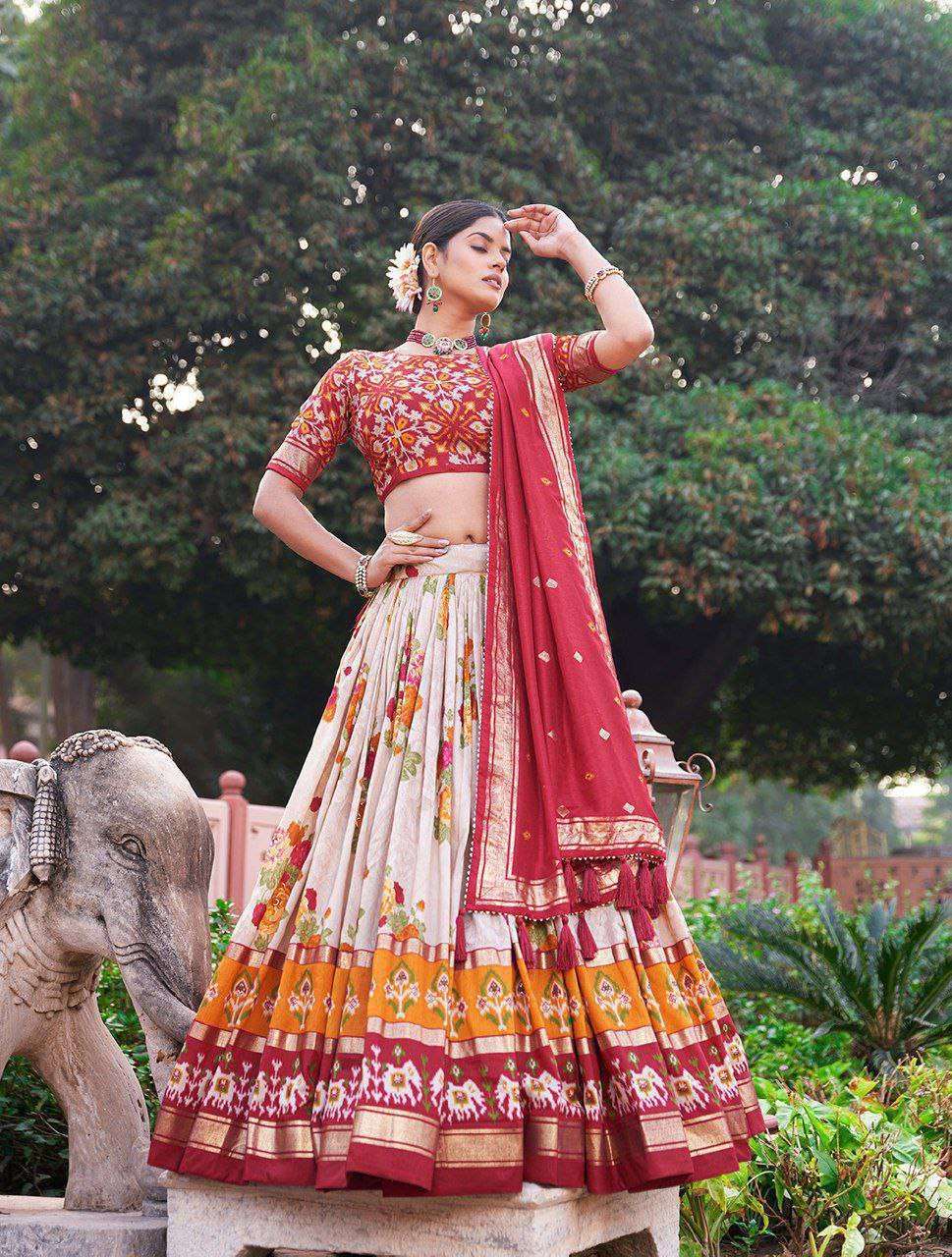 White Tussar Silk Lehenga Choli with Red Blouse | Patola Print & Foil Work | Wedding & Festive Wear