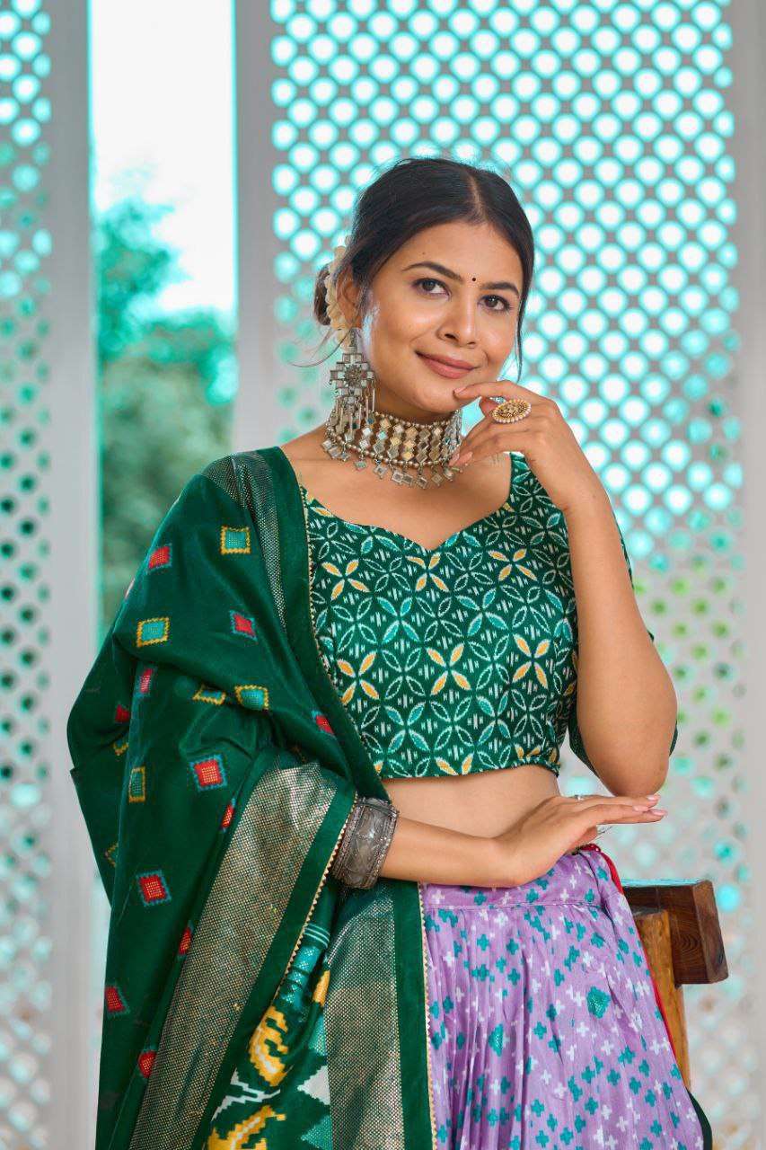 Light Baby Pink Tussar Silk Lehenga Choli with Green Blouse | Minakari & Foil Print | Wedding & Festive Wear - Image 5