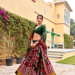 Dark Green Dola Silk Lehenga Choli with Maroon Blouse | Patola Print & Foil Work | Wedding & Festive Wear